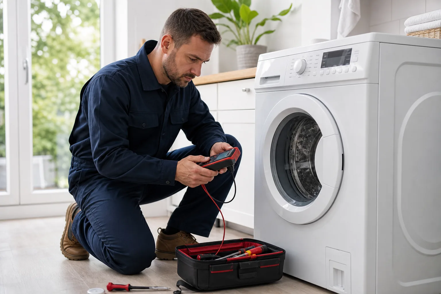 Çamaşır makinesi arızasını kontrol eden servis personeli