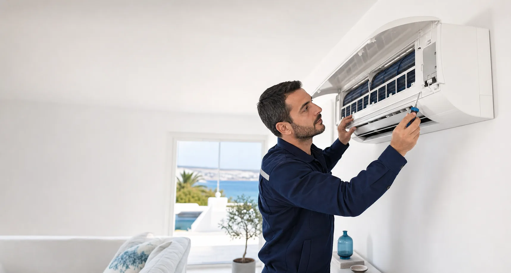 Didim’de duvar tipi klimayı kontrol eden Custa Teknik servis personeli