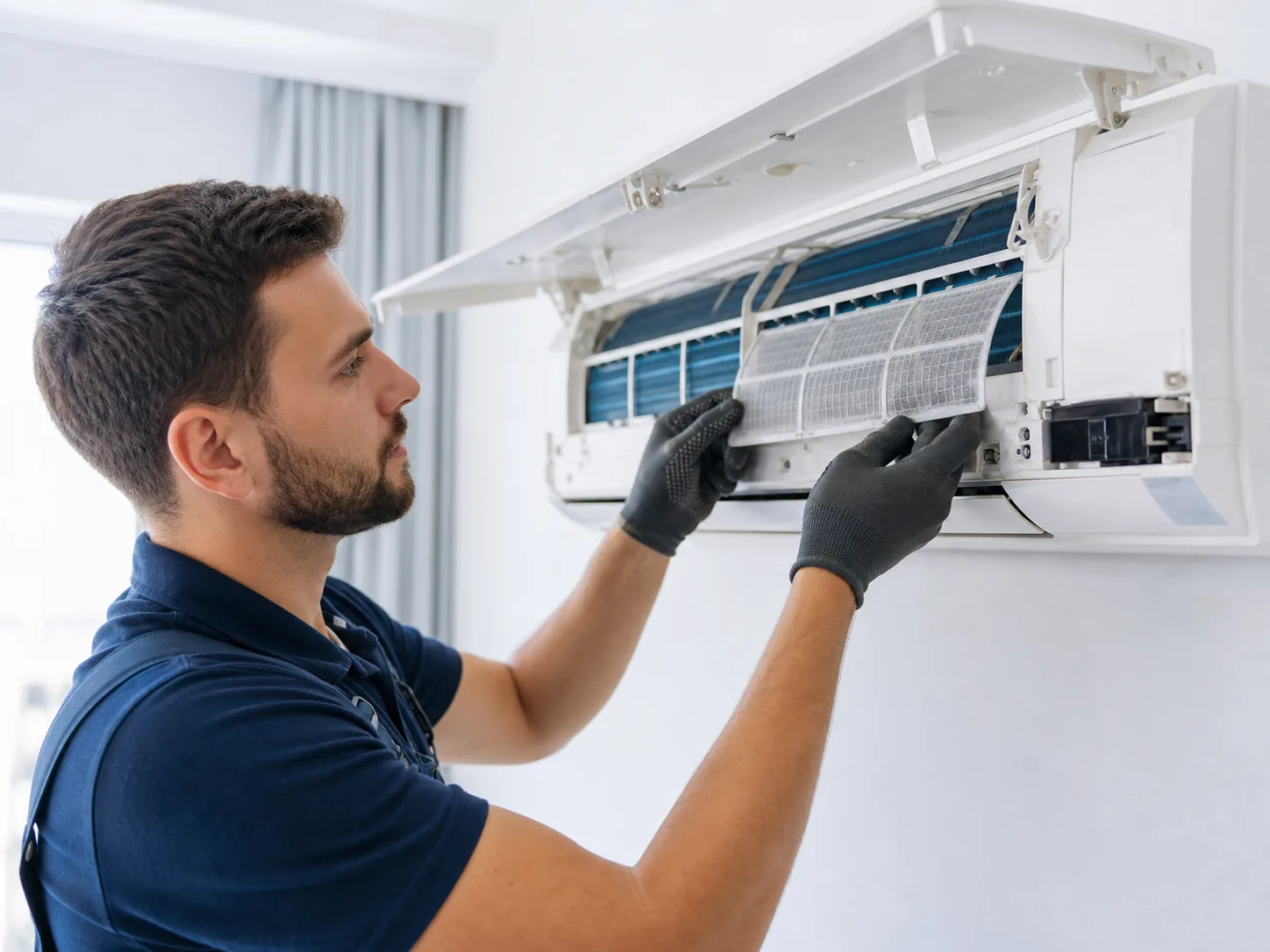 Duvar tipi klima filtresini kontrol eden teknik servis personeli